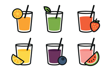 Fresh juice and smoothie glasses vector icon set. Colorful collection of healthy fruit and vegetable drinks.