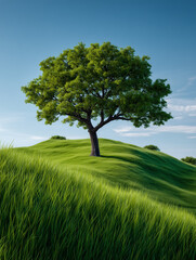 Green tree standing on a grassy hill under blue sky