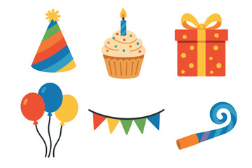 Birthday party and celebration flat icon set. Colorful vector collection of festive birthday symbols.