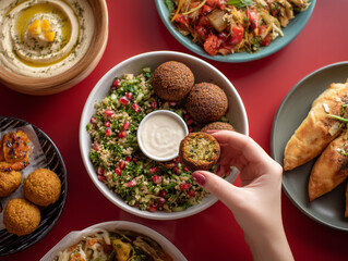 Hand holding falafel over a table with middle eastern food