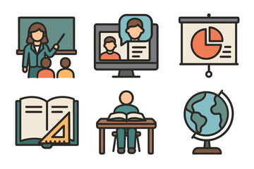Education and learning vector icon set. Collection of symbols for school, university, and online courses.