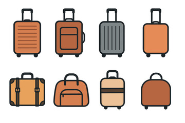 Luggage and suitcase for travel vector icon set. Collection of baggage and bags for vacation and journey.