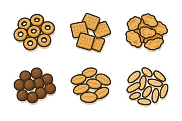 Breakfast cereal types cartoon vector icon set. Top view collection of various corn flakes, puffs, and loops.