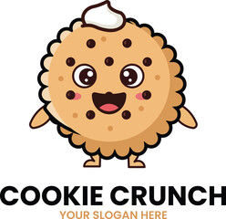 COOKIE CRUNCH MASCOT LOGO – Cute Chocolate Chip Cookie Character with Frosting and Blushing Cheeks for Sweet Dessert Branding