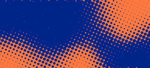 Abstract vector halftone background with bold blue dots on orange. Retro comic-style pop art texture with dynamic dotted gradient effect.