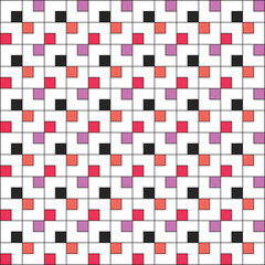 Grid of black squares on a white background, with small squares coloured in black, coral orange, red and pink