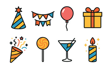 Party and celebration vector icon set. Colorful collection of festive birthday and holiday symbols.