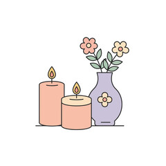 Minimalist Line Art Candles and Flower Vase Illustration Graphic Element