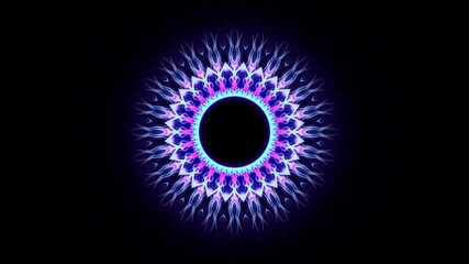 Ethereal neon mandala glowing with vibrant blue and purple light, a symmetrical spiritual symbol on a dark background - Powered by Adobe