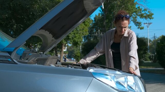 Woman examining car engine breakdown. Woman standing by disabled vehicle, examining engine compartment with visible frustration while attempting to diagnose mechanical failure during road trip