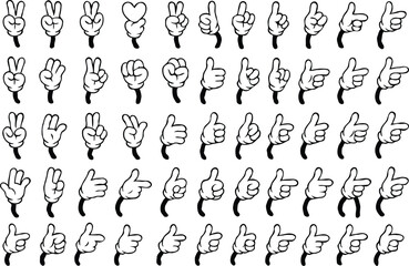 Retro cartoon legs and hands. Vintage hand, foot and f. Hands with gloves and feet with boots, various poses for characters, a set of poses, gestures, placement of hands and feet. Body parts mascot.