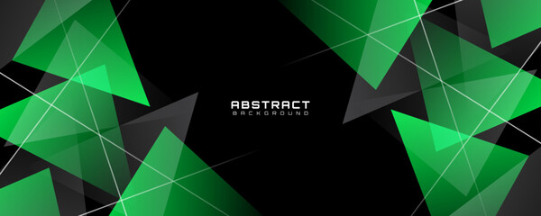 Abstract green geometric background with glowing transparent triangles and modern lines on dark backdrop, futuristic digital design for banner, poster, web template, technology and corporate layout