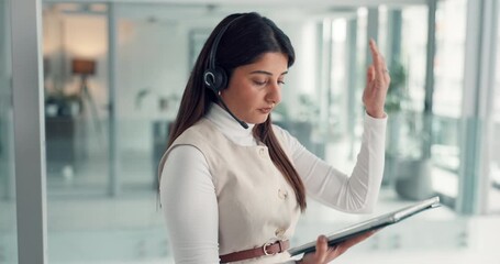 Woman, consultant and tablet with headset for online sale, telemarketing or business in office. Female person, agent or salesperson with technology, mic and affiliate marketing advice in workplace