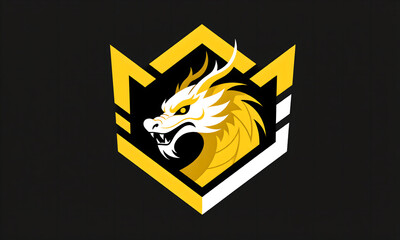 Golden Dragon Head Logo Illustration Inside Geometric Shape on Black Background