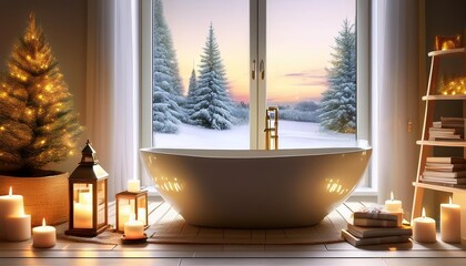 Relaxing Bath at Dusk with Bathtub Filled with Hot Steamy Water Standing in Front of Big Window Looking into Wintry Landscape. Christmas Tree, Lit Candles and Books. Christmas Holiday To Do List.