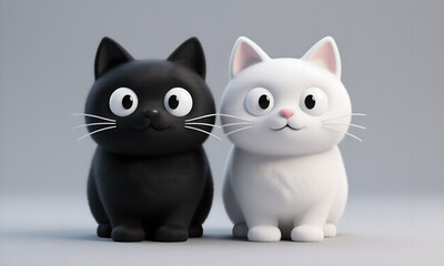 Adorable Black and White Cartoon Cats Sitting Together on Gray Background