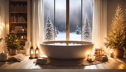 Relaxing Bath at Dusk with Bathtub Filled with Hot Steamy Water Standing in Front of Big Window Looking into Wintry Landscape. Christmas Tree, Lit Candles and Books. Christmas Holiday To Do List.