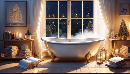 Winter Night Relaxing Bath with Vintage Style Clawfoot Bathtub Filled with Hot Steamy Water Surrounded with Lit Candles and Books Standing in Front of Big Window Looking into Wintry Landscape.