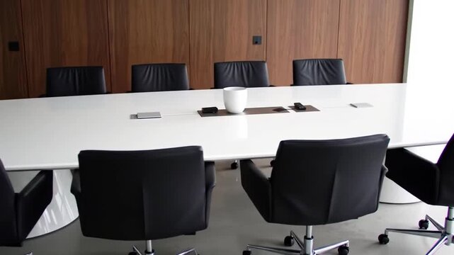 Conference room featuring a white table surrounded by black chairs and a wooden accent wall with dark electrical outlets