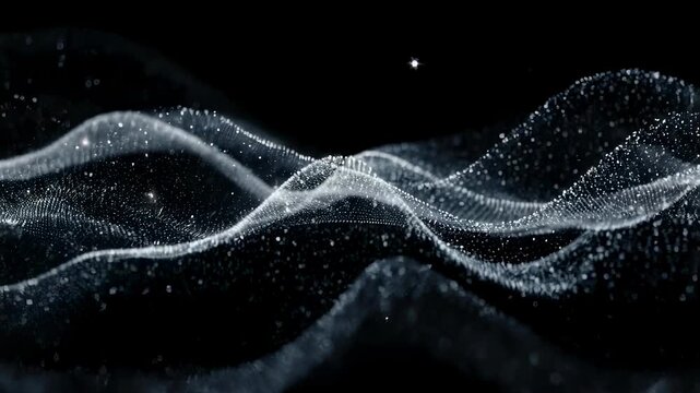 Abstract wavy and textured pattern in grayscale with illuminated particles on a dark background