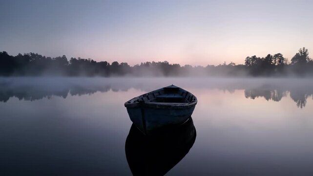 Foggy Lake at Dawn with Empty Rowboat