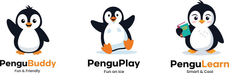 PENGU BUDDY MASCOT LOGO – Adorable penguin characters symbolizing friendliness, playfulness, and learning for kids’ branding