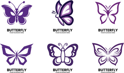 BUTTERFLY LOGOS MASCOT LOGO – Elegant purple butterfly set featuring six unique symmetrical designs for graphic branding Set