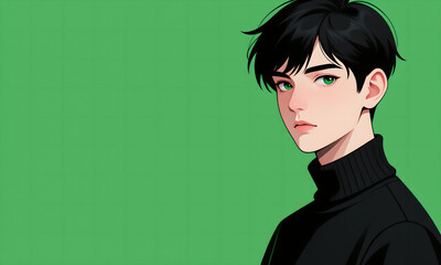 Anime-Style Portrait of a Young Man with Green Eyes on Green Background