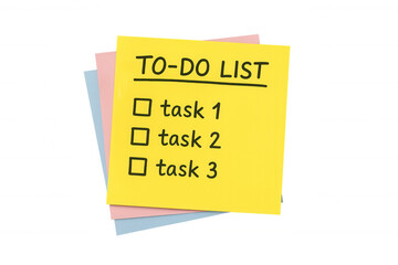 To-do list with tasks checklist on yellow sticky note, planning workflow, managing daily productivity, transparent background