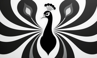 Elegant Black and White Peacock Graphic Design with Striped Tail Feathers