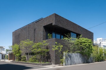 Modern architectural design features a striking black facade surrounded by greenery in a quiet urban neighborhood on a sunny day