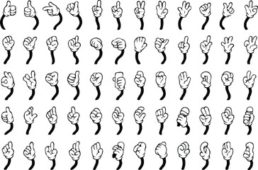 Retro cartoon legs and hands. Vintage hand, foot and f. Hands with gloves and feet with boots, various poses for characters, a set of poses, gestures, placement of hands and feet. Body parts mascot.