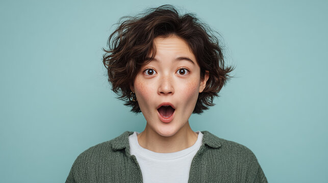 surprised young woman with open mouth on blue background
