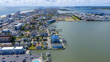 Aerial shot of hotels and condos and blue ocean water in Ocean City Maryland USA