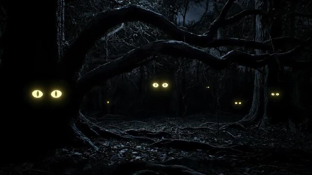 Glowing Yellow Eyes in Dark Forest at Night