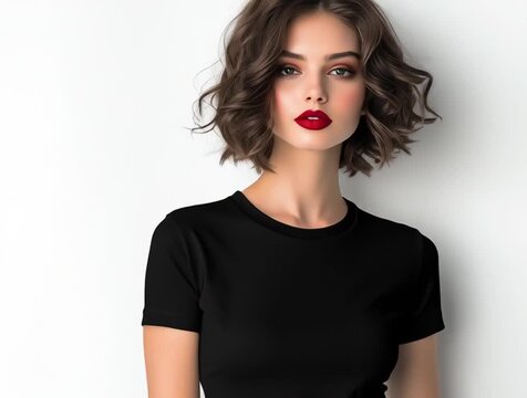 Brunette model with red lipstick wearing a black t-shirt and a mini skirt