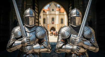 Two Medieval Knights in Shining Armor Guarding Castle Entrance