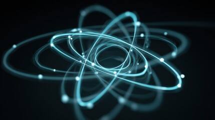 Dynamic Representation of Atomic Model Showcasing Electrons Orbiting Nucleus in a Dark Space Setting With Glowing Trails