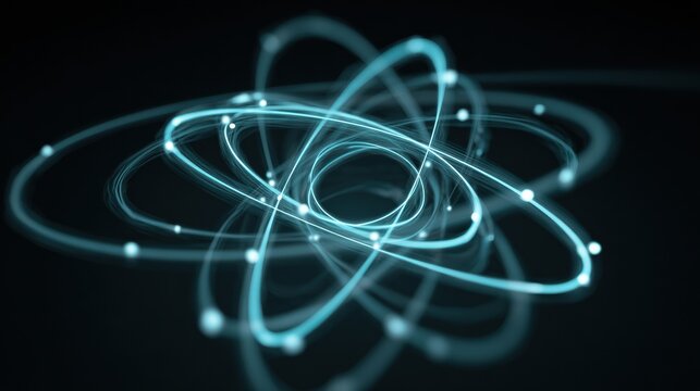 Dynamic Representation of Atomic Model Showcasing Electrons Orbiting Nucleus in a Dark Space Setting With Glowing Trails