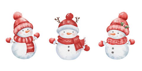 Set of watercolor snowmen wearing red hats and scarves. Isolated on white background. Winter characters for illustrating Christmas and New Year holidays and designs.
