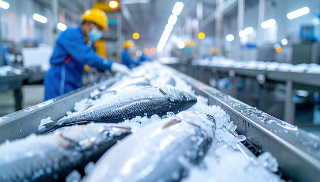 Freshly caught fish covered with ice on an automated conveyor belt inside a modern seafood processing factory, ensuring cold chain and food safety.