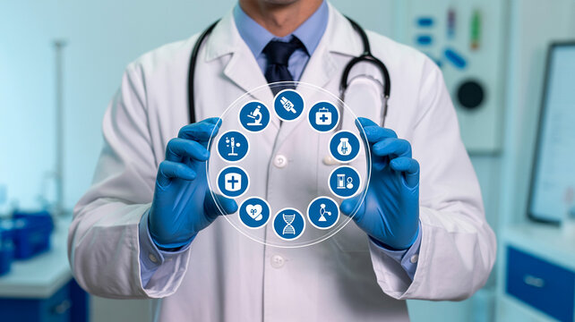 Doctor holding a circular display with medical icons in a lab coat with stethoscope around neck