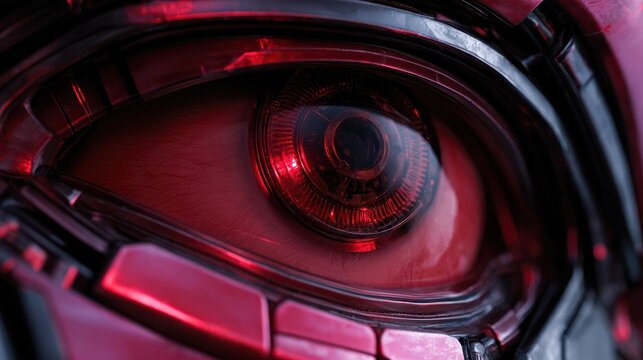 Cybernetic eye with metallic components and glowing red highlights on transparent background