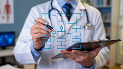 Doctor drawing a flowchart with a pen while holding a clipboard in a medical office setting indoors