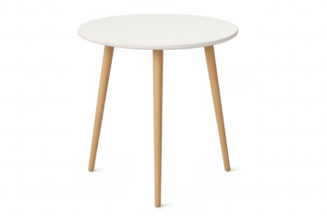 Modern round side table with white top and wooden legs, scandinavian minimal furniture design