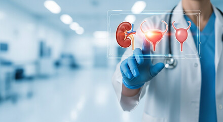 Doctor in lab coat touches human kidney and bladder hologram with blue gloved hand in hospital