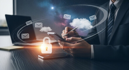 A person in a suit using a smartphone with email icons and a padlock symbol for secure communication