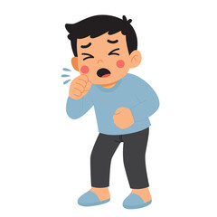 Boy coughing into fist suitable for medical websites, health blogs, educational materials, illustrating symptoms, spreading illness, respiratory hygiene