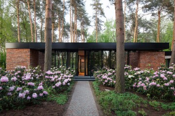 A contemporary home nestled amidst a riot of colorful flowers, all set within a tranquil forest landscape, beautifully illuminated by the warm glow of the golden hour