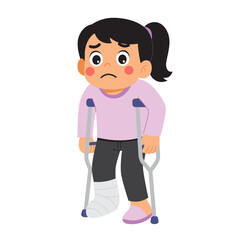 Fototapeta premium Girl with crutches and leg in cast, suitable for healthcare, injury, rehabilitation, medical, disability, and recovery concepts for designs